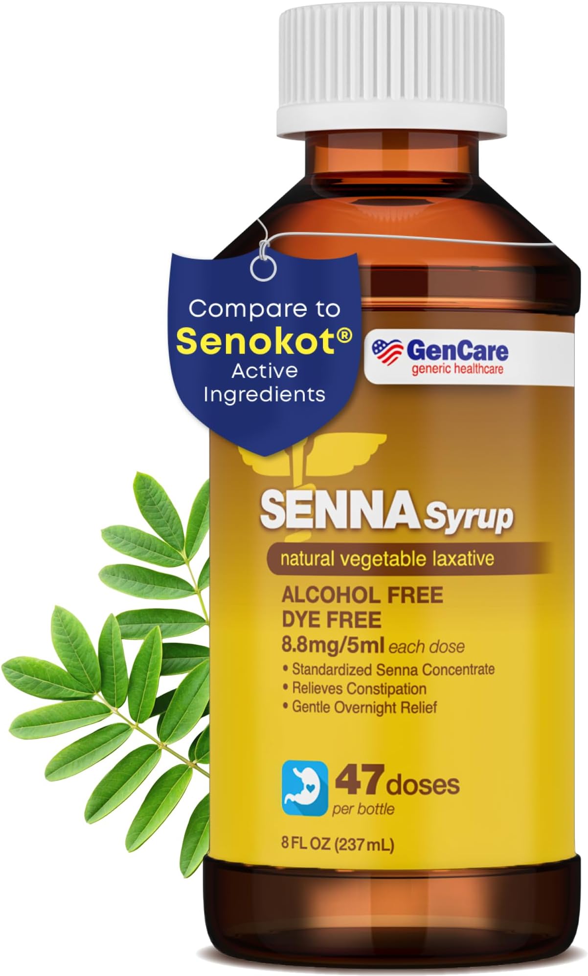 GenCare - Senna Syrup Liquid Laxative (8 Fl Oz Bottle) All Natural Vegetable Sennosides Active Ingredient | Easy to Swallow Constipation Relief for Adults and Kids 12 and Older | Best Value Size