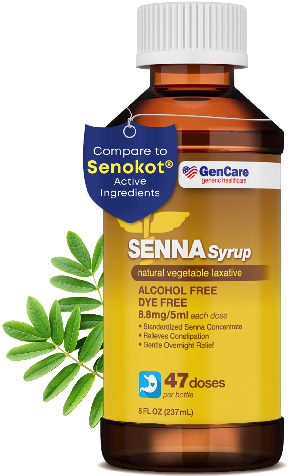 GenCare - Senna Syrup Liquid Laxative (8 Fl Oz Bottle) All Natural Vegetable Sennosides Active Ingredient | Easy to Swallow Constipation Relief for Adults and Kids 12 and Older | Best Value Size