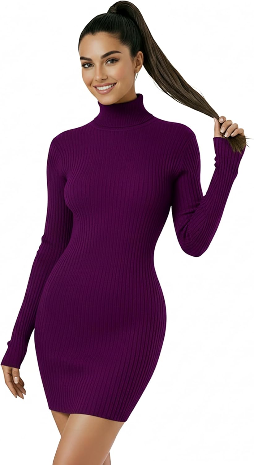 v28 Women Turtleneck Long Sleeve Bodycon Fall Winter Mini Slim Knit Sweater Dress - Image 2