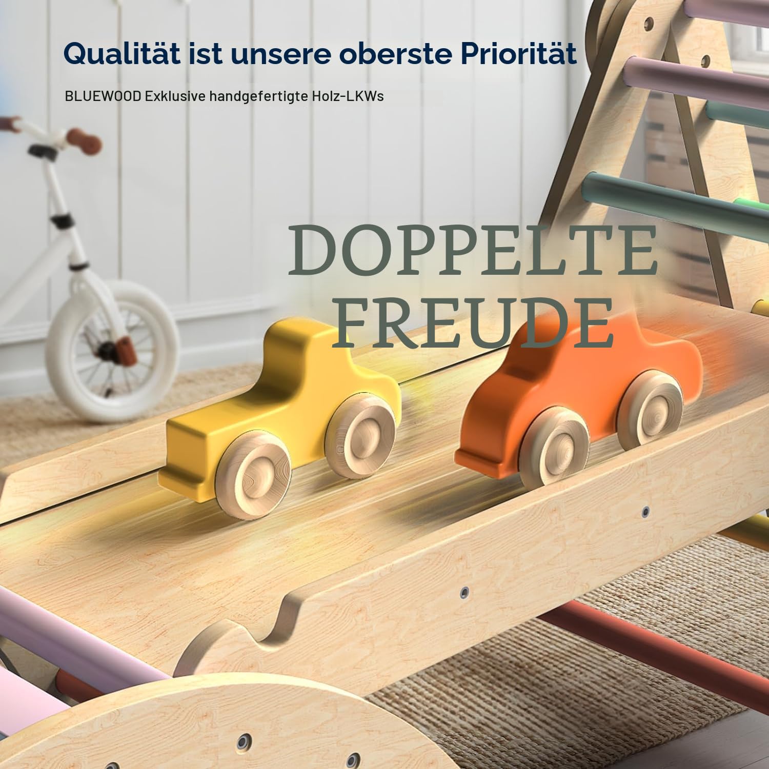 BlueWood 7-in-1 Montessori Kletterdreieck mit Kletterbogen und Rutsche, Holzdreieck für Kleinkinder, Indoor Kletterspielzeug für Kleinkinder, klettergerüst Indoor ab 1 Jahr