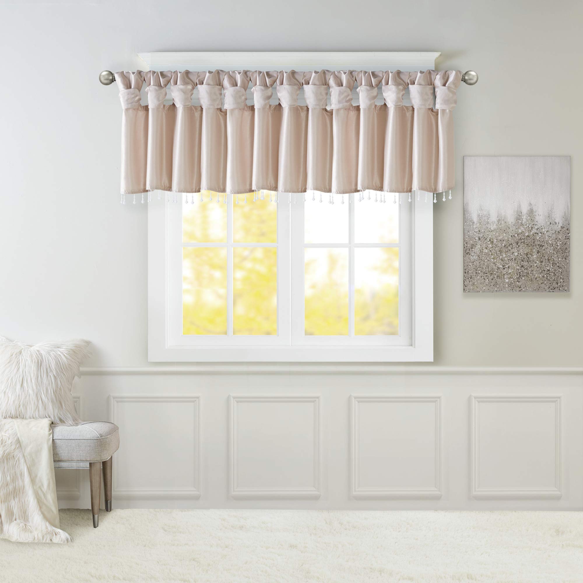 Madison Park Emilia Faux Silk Valance, DIY Twist Tab Top Finish with Beads, Window Valance Curtain for Living Room, Bedroom and Dorm, 26" L x 50" W, Blush