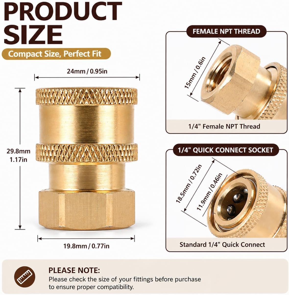 Pressure Washer Fittings 3 Pack Brass 1/4 Inch Quick Connect Coupler to Female NPT Adapter Heavy Duty Power Washer Connector Set