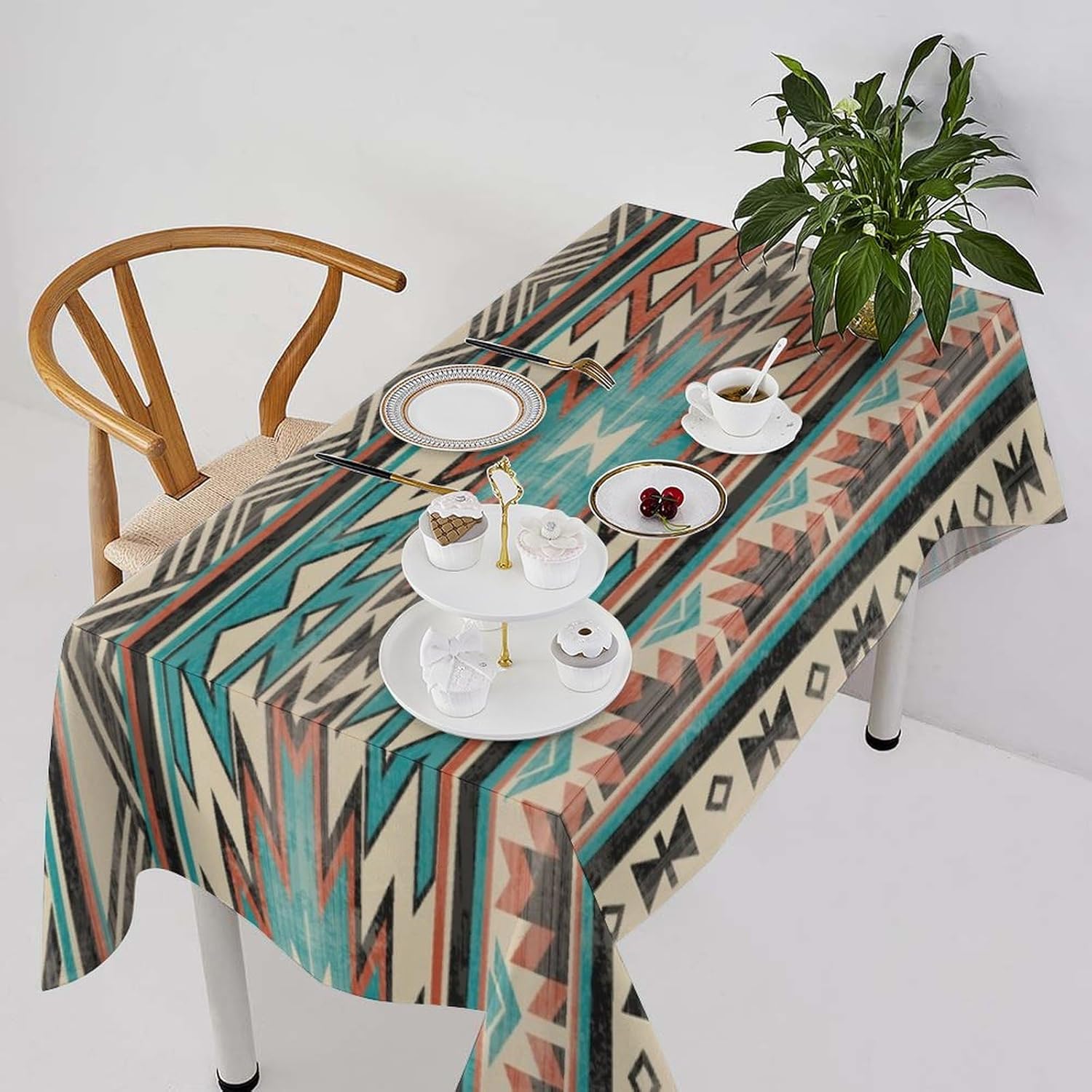 Aztec Waterproof Rectangle Tablecloth, Southwestern Native Tribal Ethnic Western Boho Geometric Table Cloths Polyester Table Covers for Kitchen Dining Party Wedding Decor 55"x110"