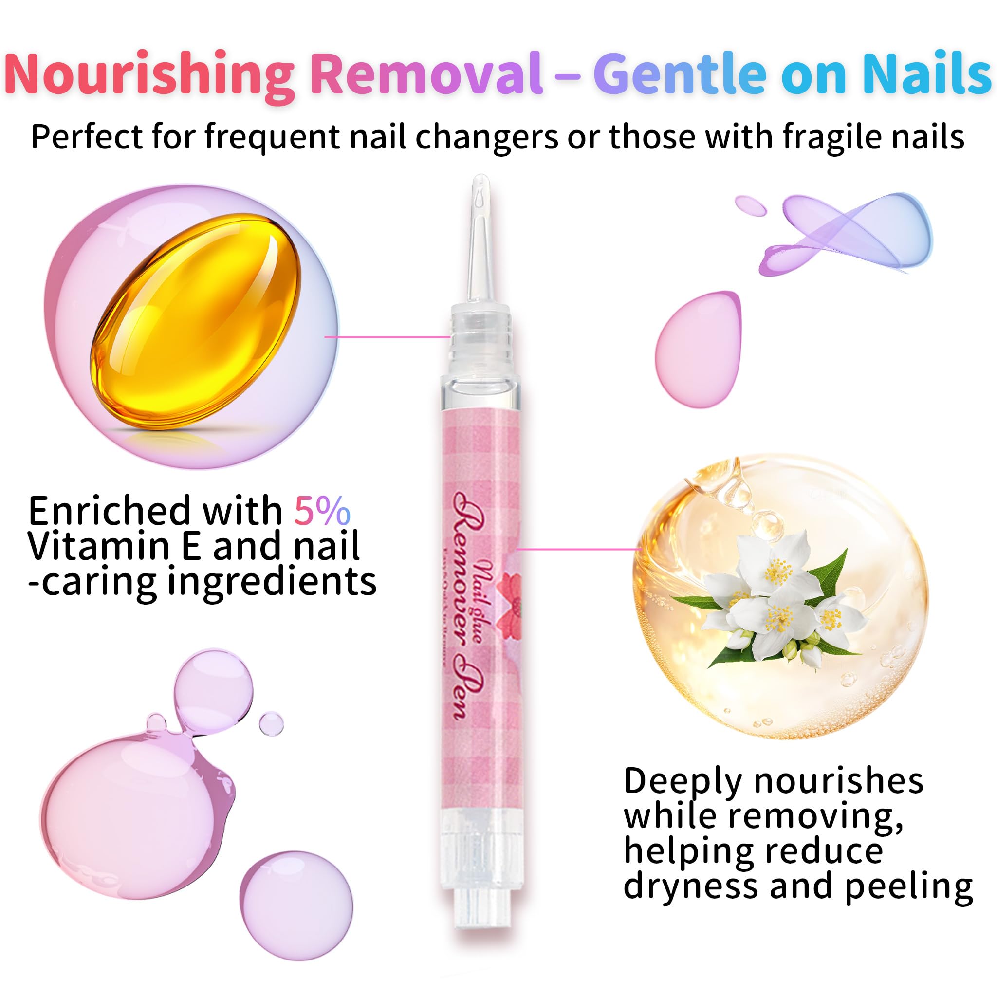 Sun&Beam Nails Remover Pen – 2-częściowy zestaw do usuwania kleju do paznokci i gumowych tabletek z witaminą E, delikatny i czysty w formacie pisaka