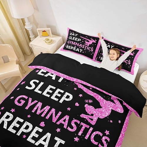 Miniatura 5 de Erosebridal Juego de ropa de cama Queen para niñas, funda de edredón de gimnasia para comer, dormir, color rosa y negro, funda de edredón para