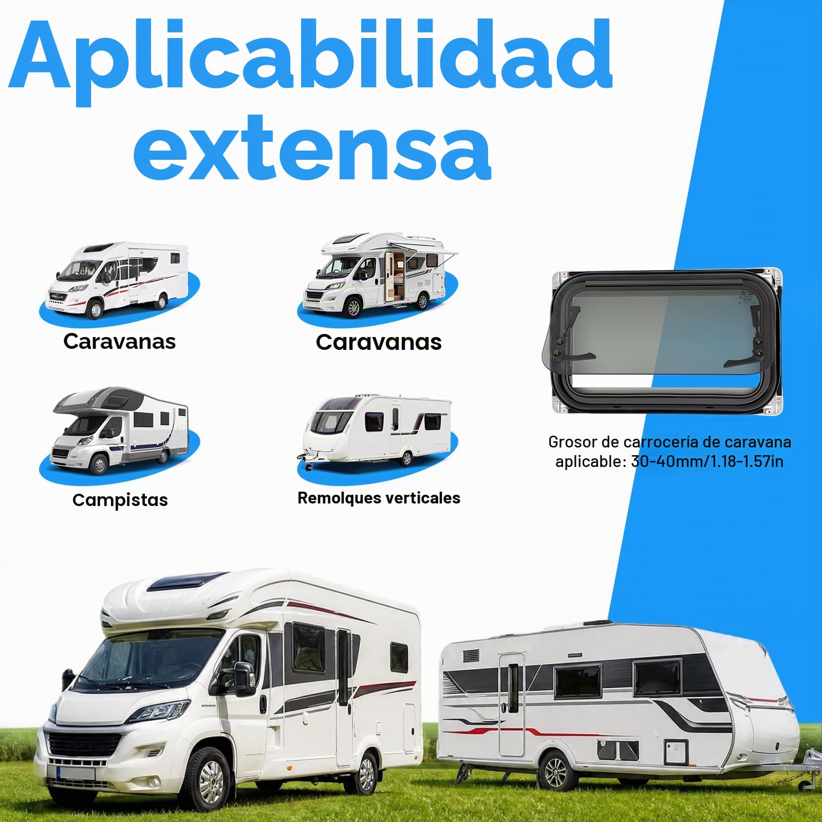 Ventana lateral de caravana negra, ventana para autocaravana con pantalla y parasol solar, transmitancia luminosa del 18%, ángulo de apertura de 0-85°, para autocaravanas, caravanas, autocaravanas