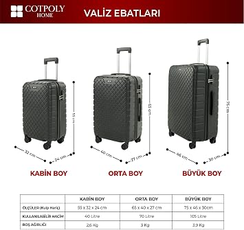 COTPOLY Pearl Büyük Boy Bavul, ABS Valiz, ABS Büyük Boy Valiz (Siyah-Large)