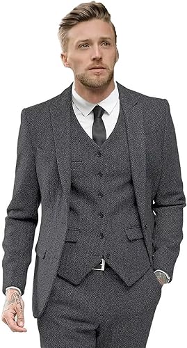 Wangyue Trajes de tweed de espiga para hombre, ajuste delgado, traje de 3 piezas, dos botones, trajes de lana, traje de boda temático de los años 20