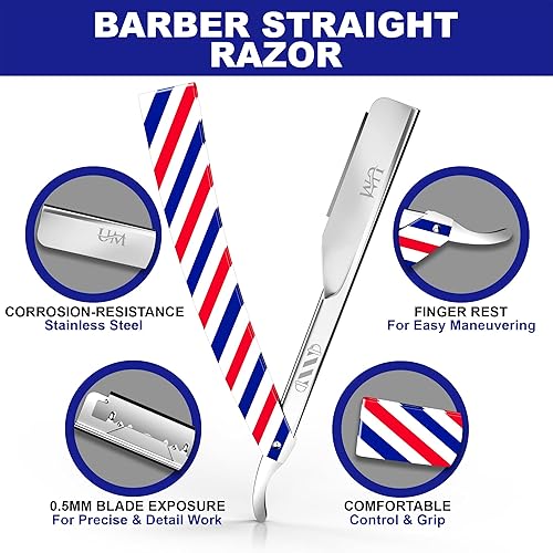 Miniatura 8 de UM Supplies Maquinilla de afeitar de borde recto con 10 cuchillas reemplazables de doble filo  Maquinillas de afeitar de peluquero para afeitar