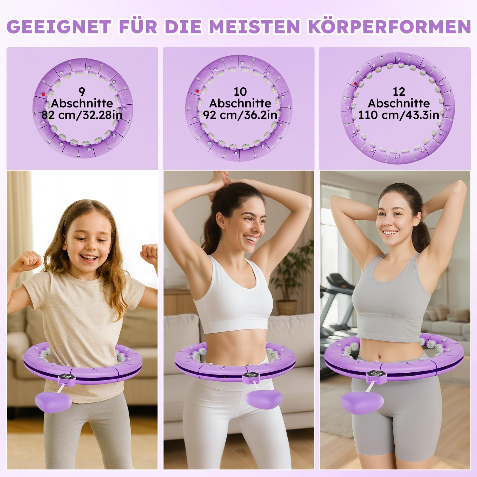 Smart Hula Hoop Reifen Erwachsene mit Gewicht Kugel und Hüftgürtel, Umfang (70-130cm) Abgebauter Fitnessreifenl, Hoopie Der Nie Herunterfällt für EIN Lustiges Training