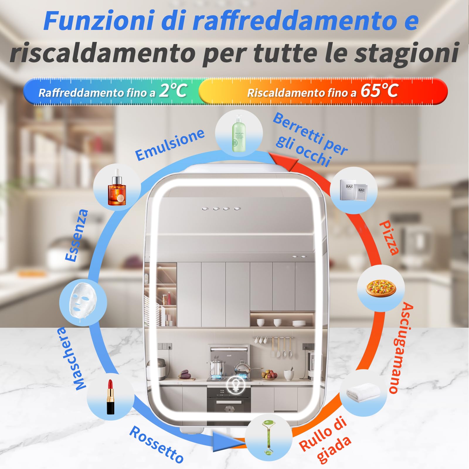 YASHE Mini Frigo per Camera, Frigo Skincare con Specchio LED, Piccolo Frigo da 4 L portatile, Termoelettrico, Riscaldatore e Raffreddatore 220V AC / 12V DC per Auto, Ufficio, Dormitorio (bianco)