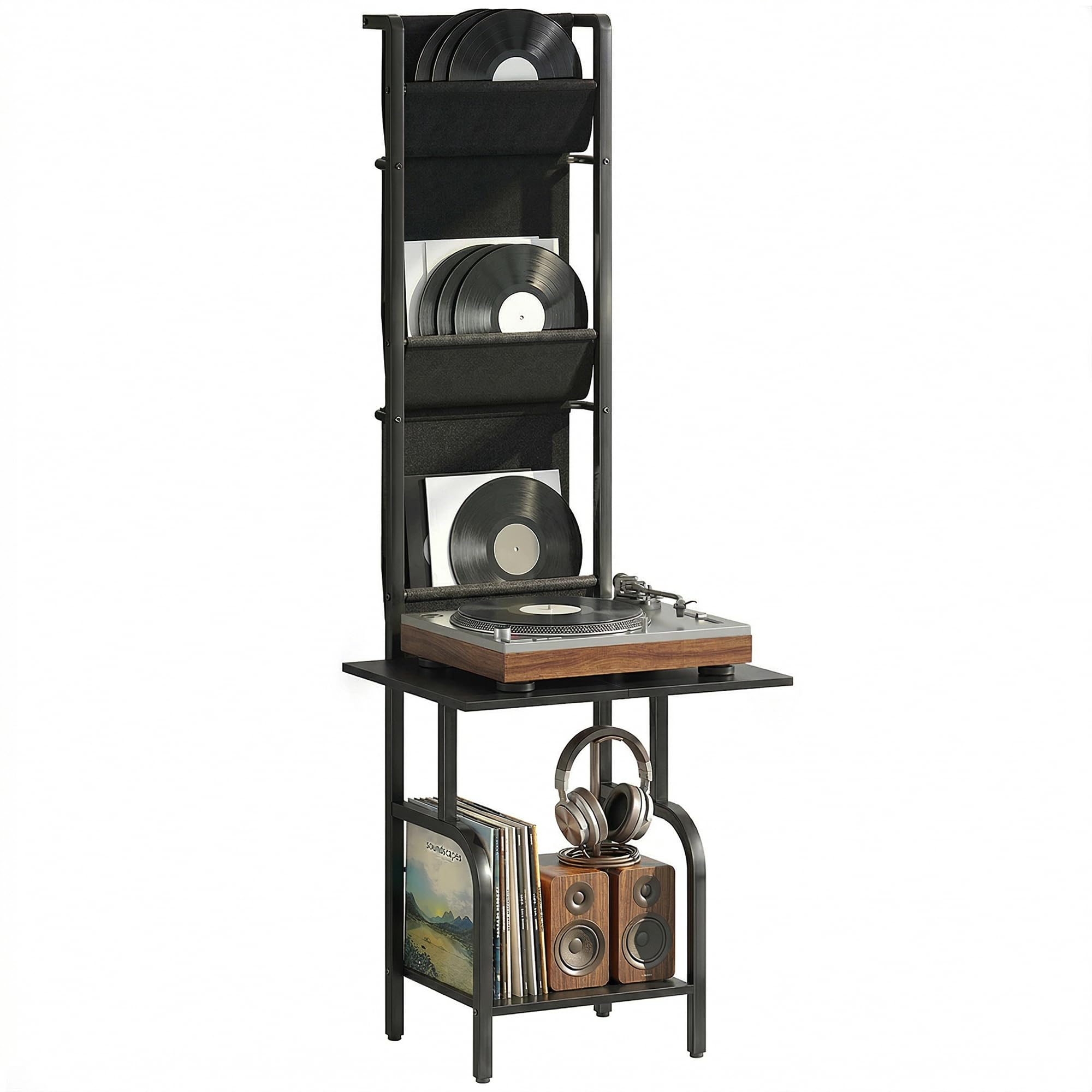 Homcom Black Vinyl Record Player Stand With Oxford Pockets,