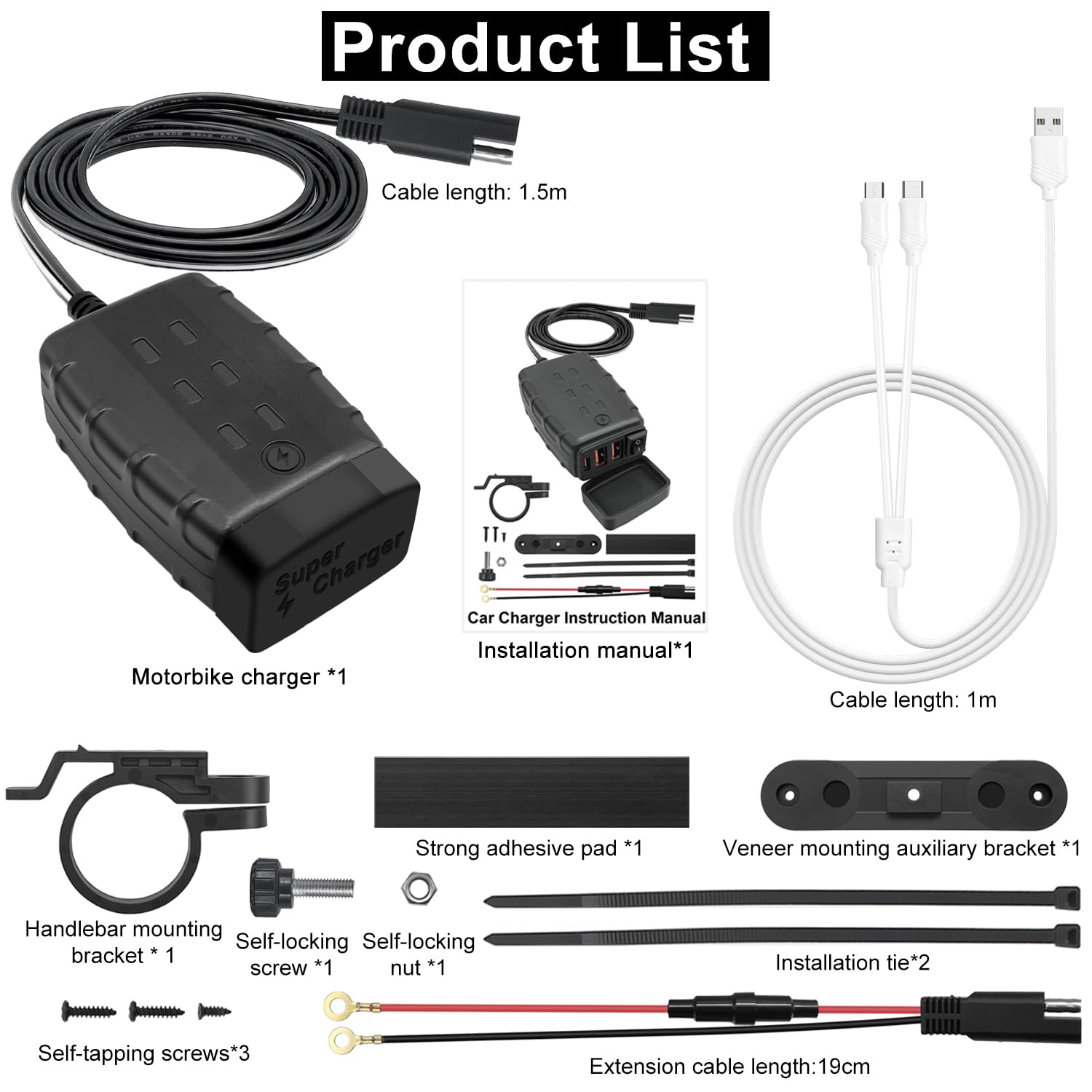 Caricabatterie Moto USB C Impermeabile con Interruttore e Luce LED, 3 Porte USB-A+Tipo-C, Fusibile 10A, per 12V/24V Barca, ATV, Bicicletta + Multi Cavo di Ricarica