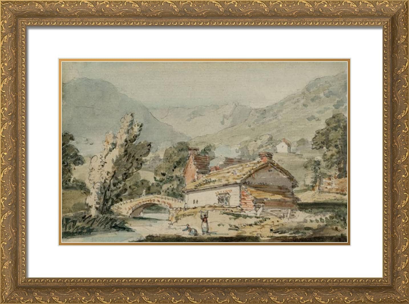 ArtDirect Girtin, Thomas 24x18 Gold Ornate Framed Art Print with Double Matting Titled: Scene in the Lake District