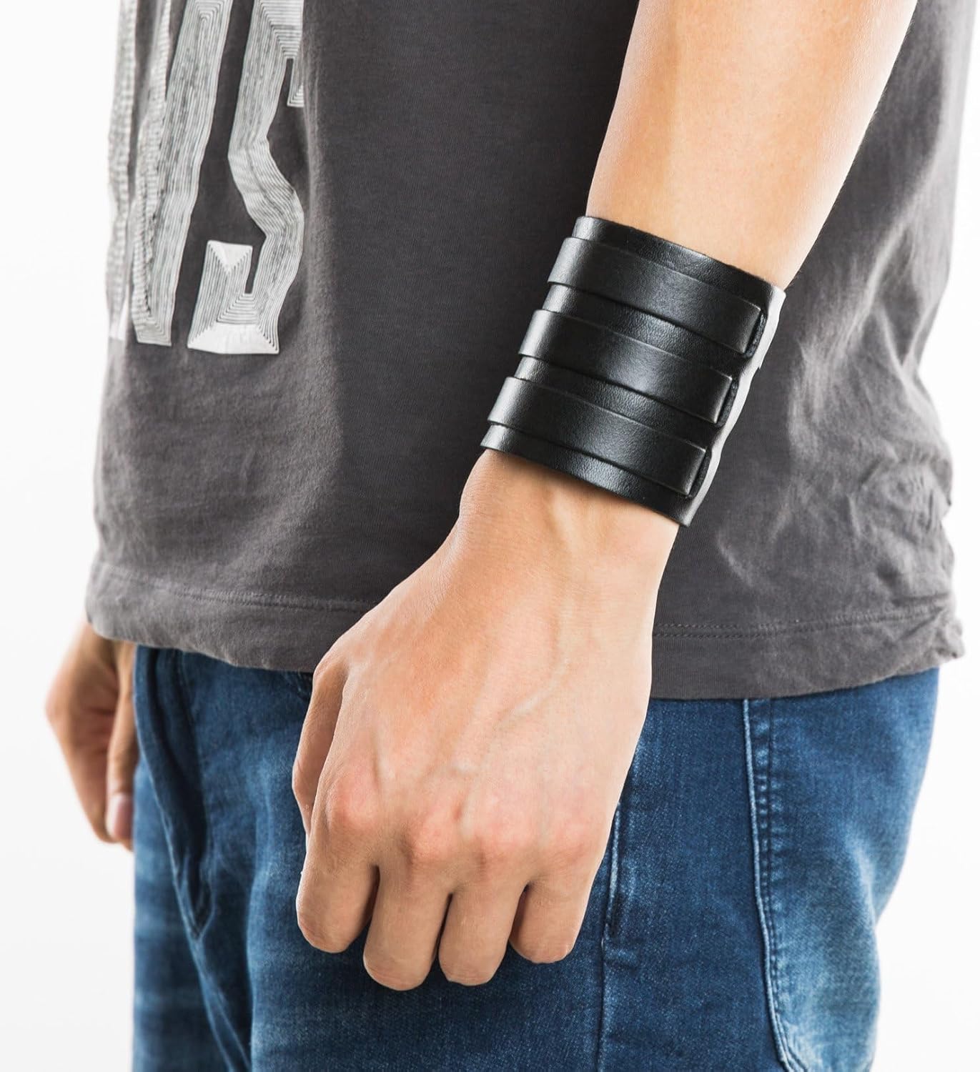 HZMAN Mens Leather Wide Triple Strap Cuff Wrap Gauntlet Wristband Buckle Fastening Arm Armor Cuff - Image 4