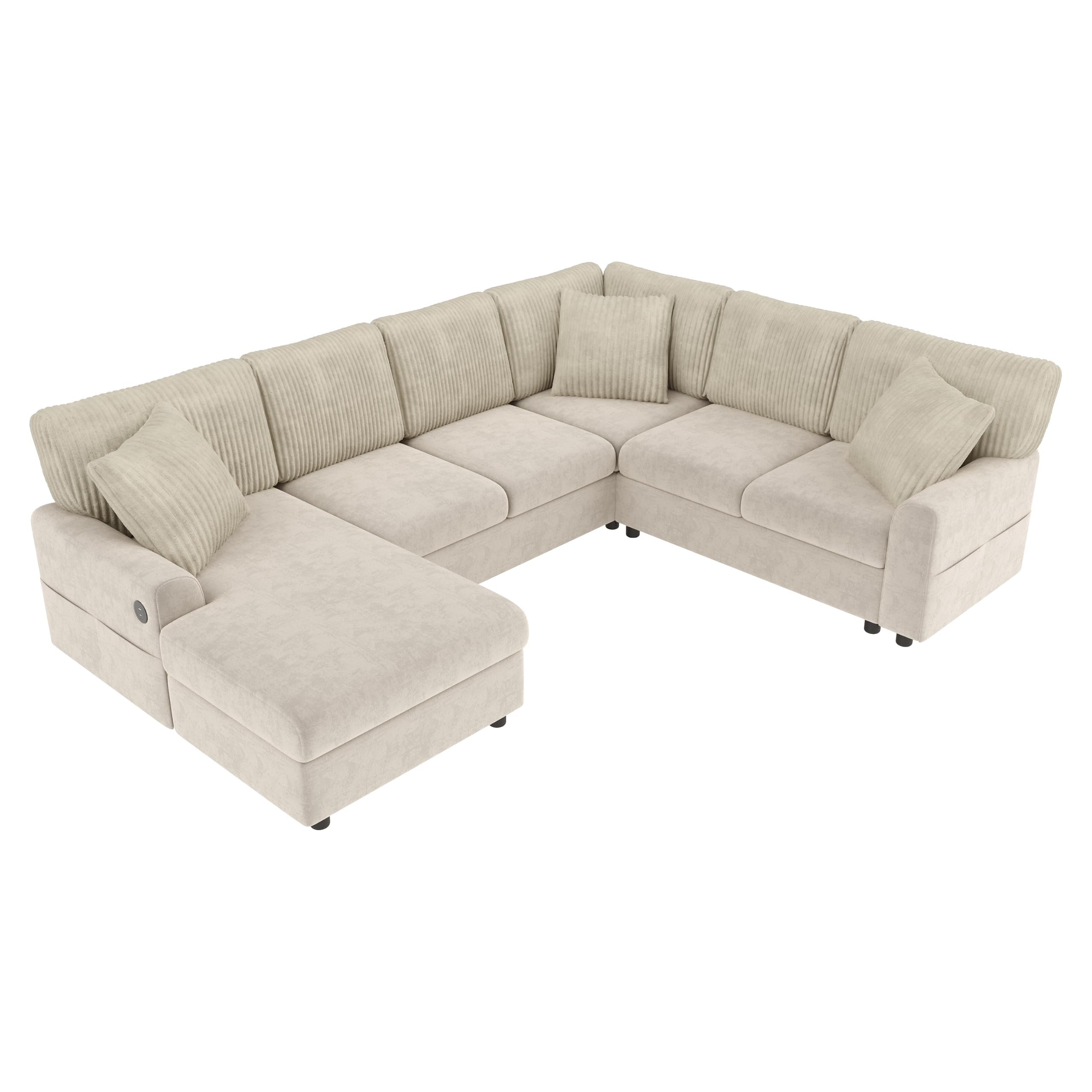 Sofá esquinero moderno en forma de U con 1 chaise longue, 3 cojines, color beige, 249 x 83 x 196 cm, reposabrazos laterales con bolsillos para revistas