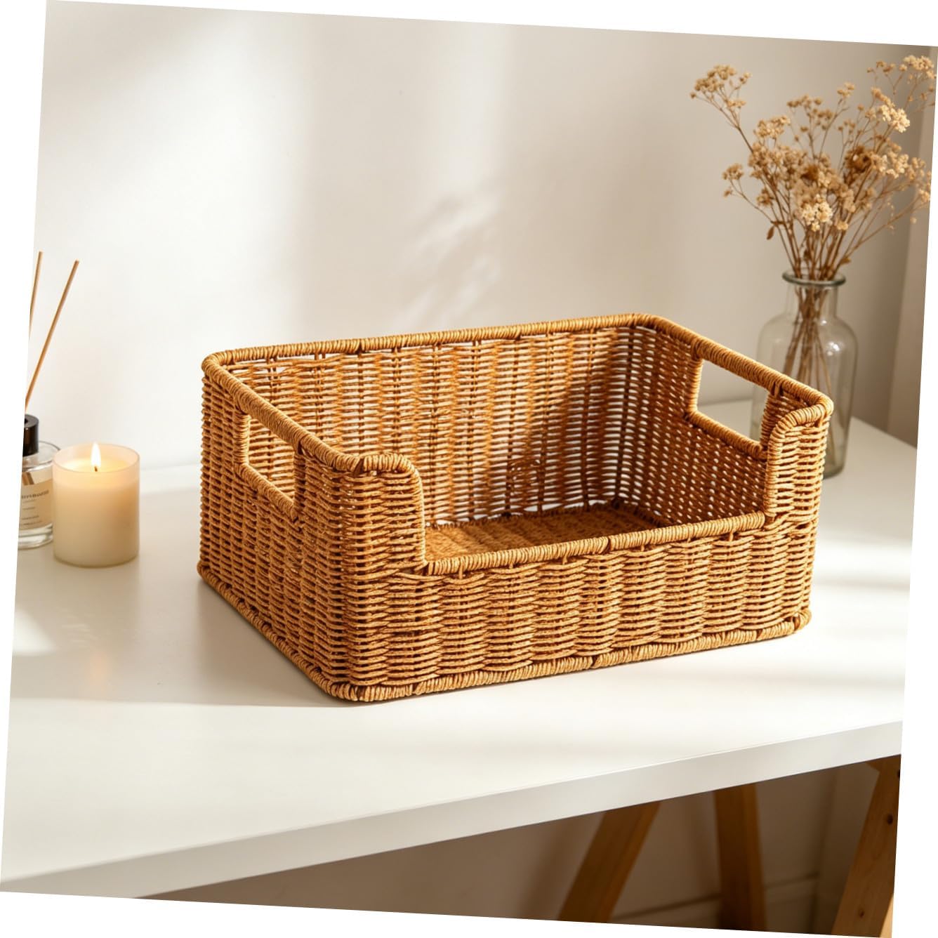 Luxshiny Woven Desktop Organizer Basket Multi Function Imitation Rattan Storage for Home Office for Book Organization Decorative Storage Natural Texture Odor