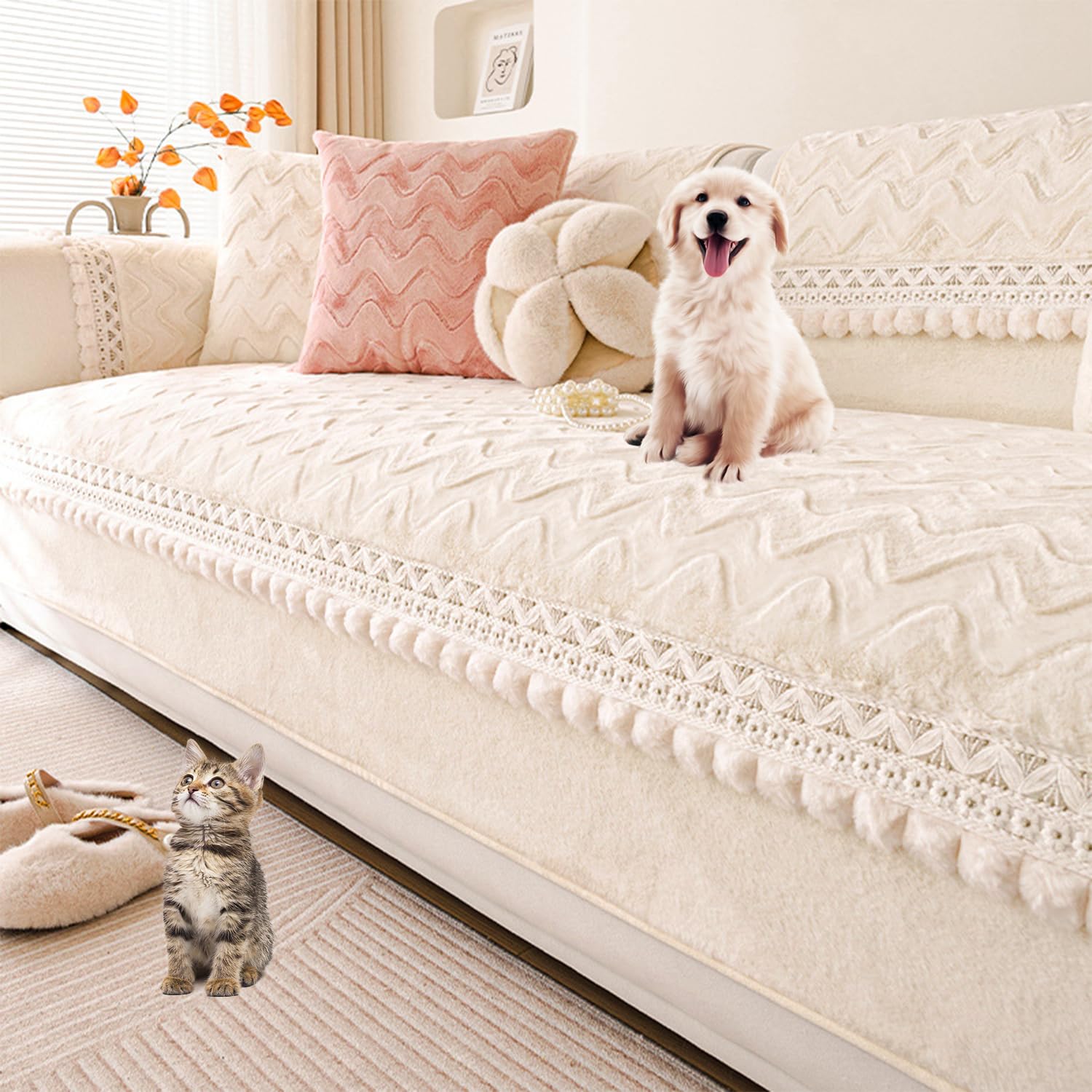 Housse de canapé en peluche haut de gamme beige 110x270cm pour l'élégance des salons en L