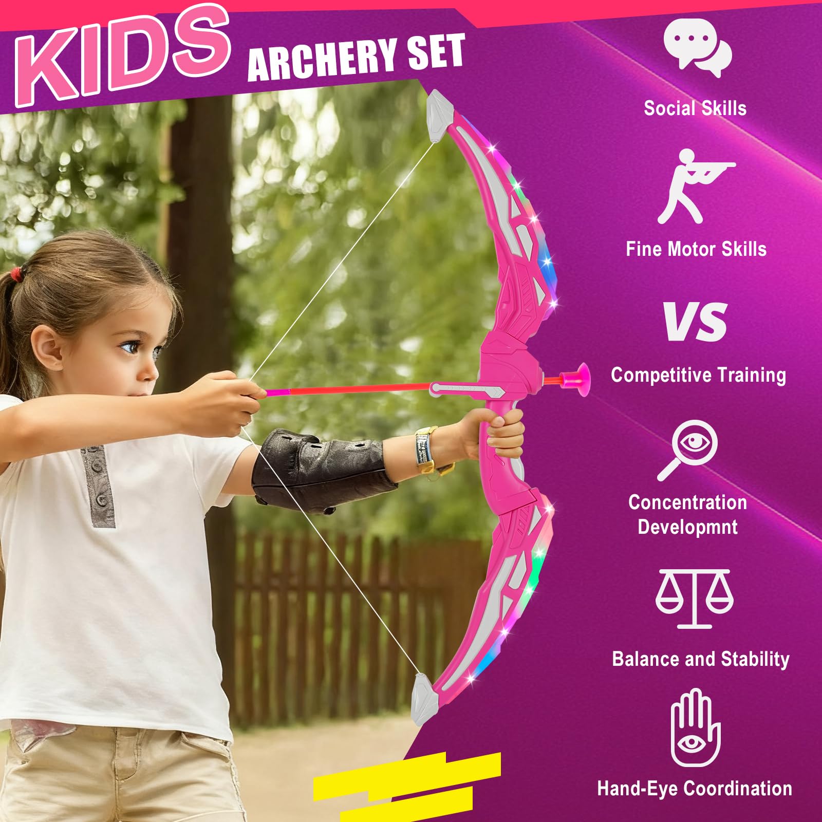 2 Pack Arco e Freccia per Bambini con Luci LED, Giocattolo per Bambini Tiro con l'arco Luminoso, Giocattolo Interno ed Esterno per 3-12 Anni Regalo Ragazzi Ragazze (Rosa)