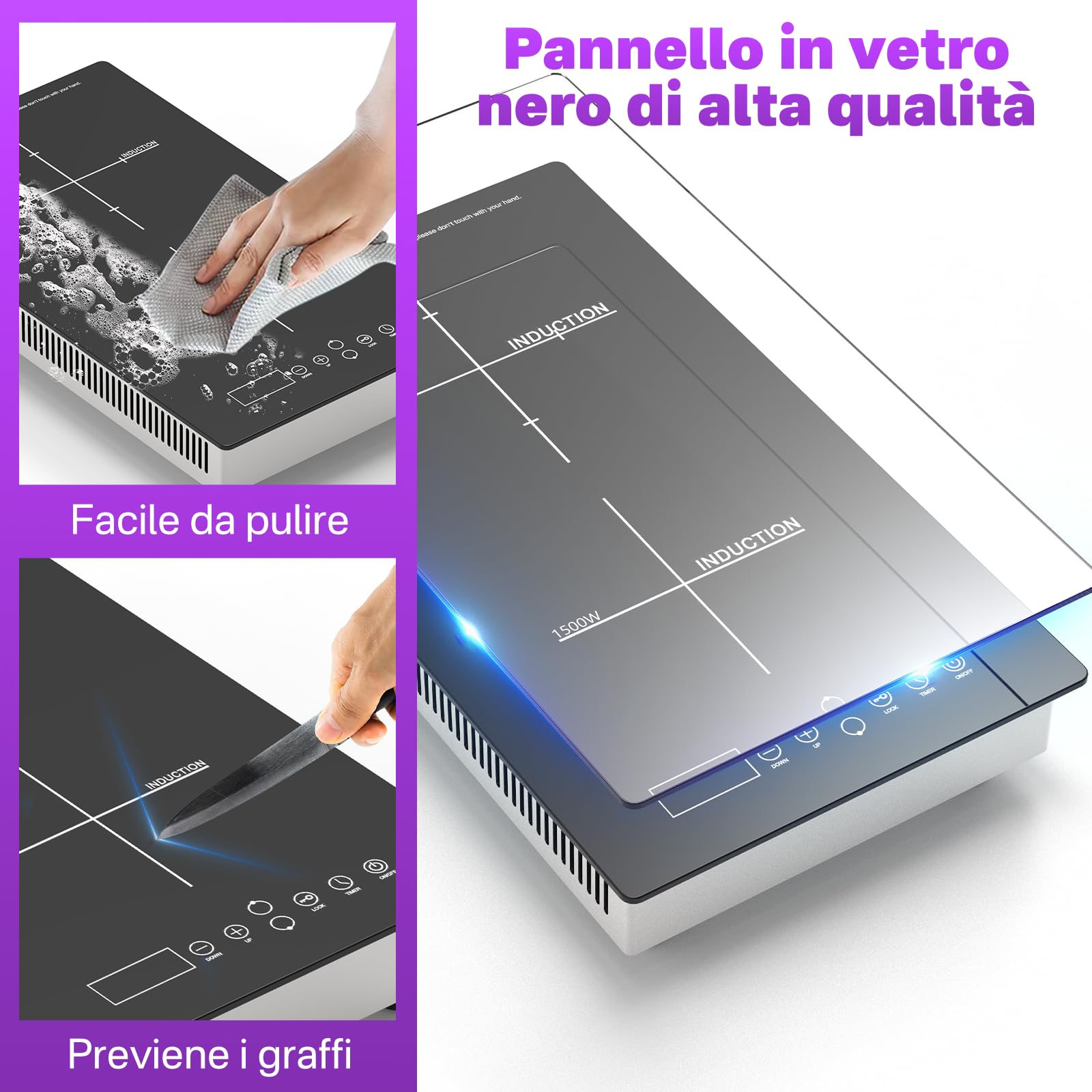Piano Cottura a Induzione Doppio, 3500W Cucina Elettrica Portatile 2 Zone 2000W+1500W, 8 Livelli di Potenza, Timer, Blocco Bambini, Da Incasso o Da Appoggio 220-240V