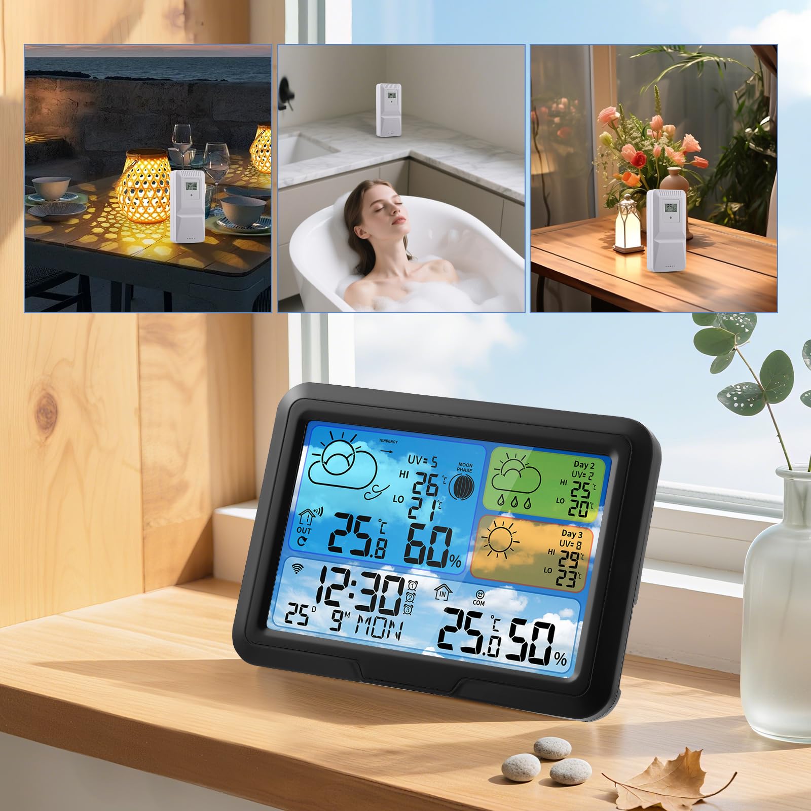 Stazione Meteo Wi-Fi con Sensore Esterno Tuya Smartlife Allarme Sveglia Schermo LCD Colorato Previsioni Meteorologiche Wireless Bianco