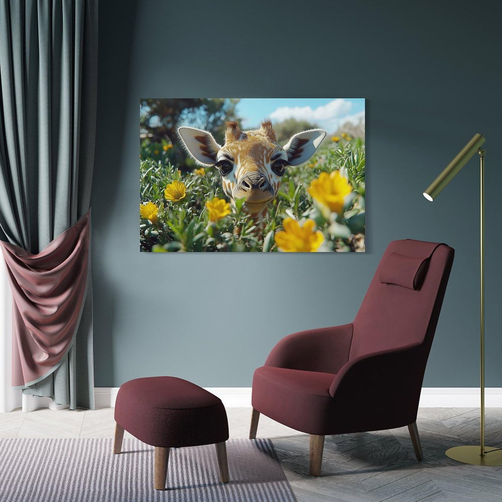 Junmoney Frame-Style Wall Picture Print Baby Giraffe In Flowers, 24X36inch(60X90cm), For Wall Displays, Bedrooms Or Room Updates, Wall Decor Suited To Curated Displays