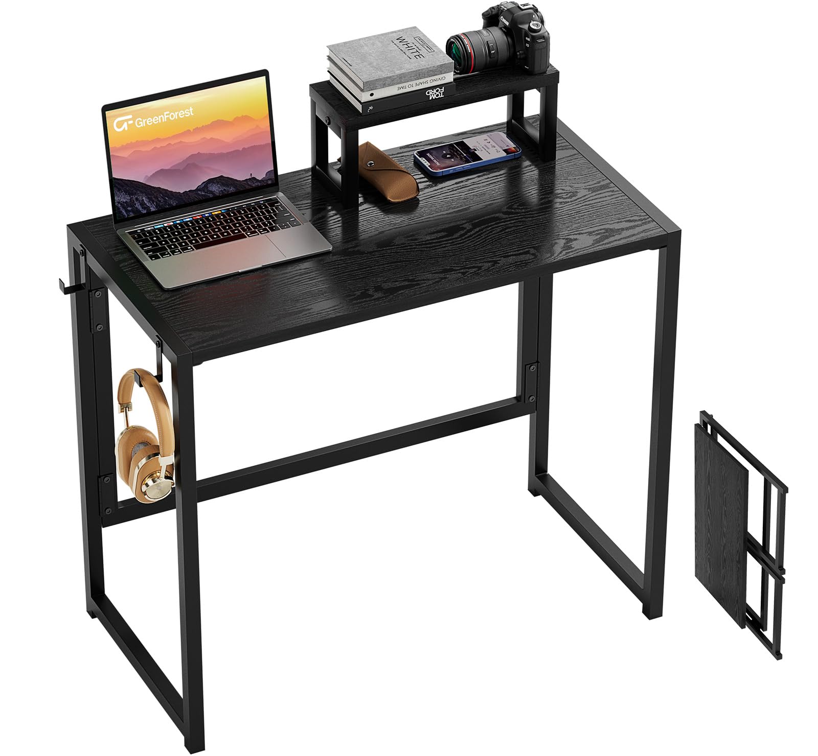 GreenForest Folding Desk with Monitor Stand, 31.5 Inch Foldable Computer Desk with Hook and Storage, Sturdy Small Space-Saving Writing Work Table for Home Office Dorm, Black