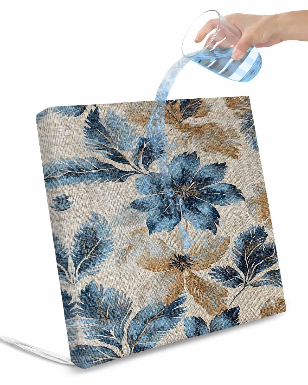 2 Pack Blue Brown Botanical Waterproof Cushion Covers with Ties, Outdoor Patio Chaise Lounge Chair Seat Cushion Slip Covers Replacement(Only Cover) Elegant Summer Flowers Vintage 24