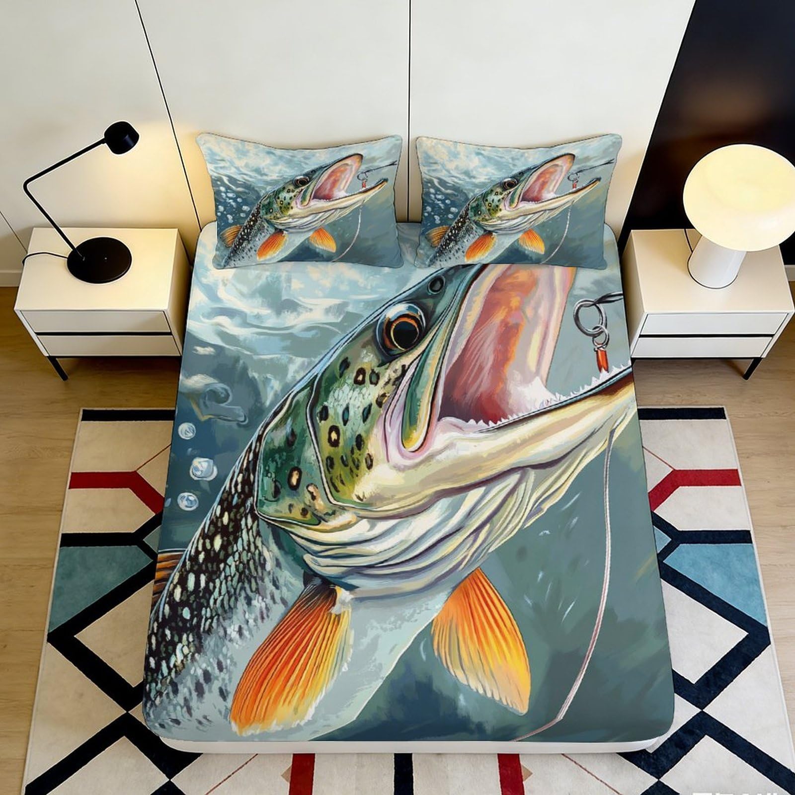 3D Printed Lotus Fish Fitted Sheet Microfiber Deep Pocket Non-Slip Bedroom Bedding Pond Mattress Fitted Cover 180x200x25cm