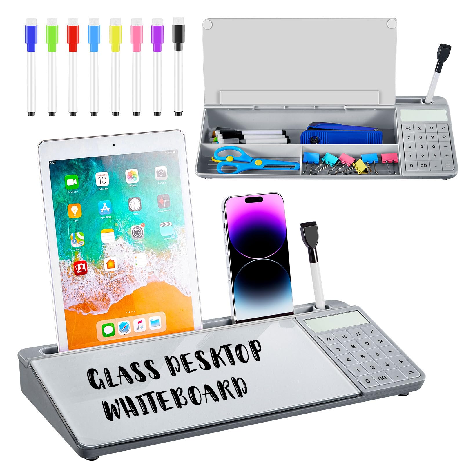 Perkoop Desktop Glass Board Glass Dry Erase Board, with Phone Tablet Slot, Storage Compartment Includes 8 Pcs Erase Markers Desk Computer(Gray, Calculator)