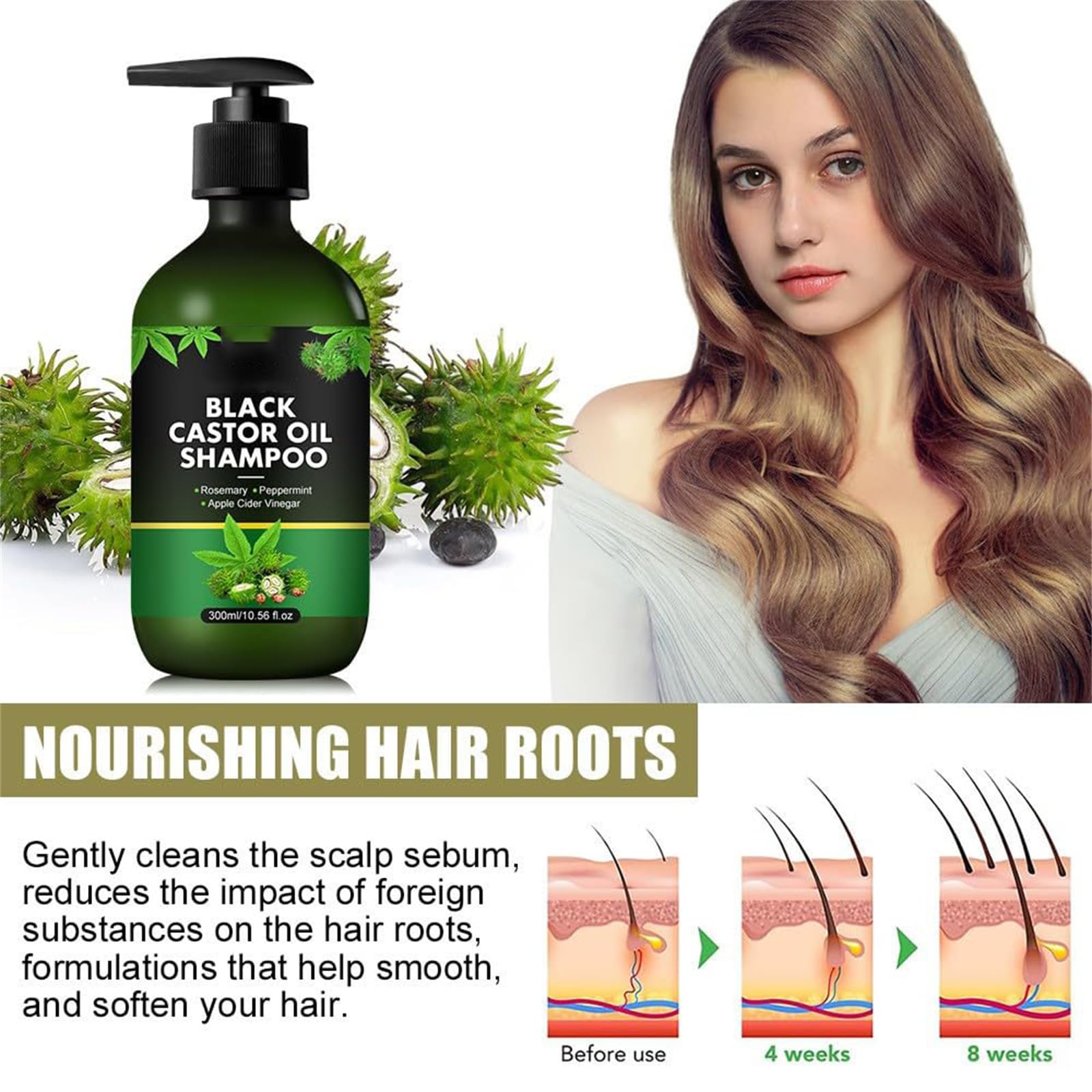 Champú de aceite de ricino negro, champú suavizante con control de aceite, repara el cabello seco dañado, da volumen para cabello fino, reduce el encrespamiento, mejora el brillo (2pcs)