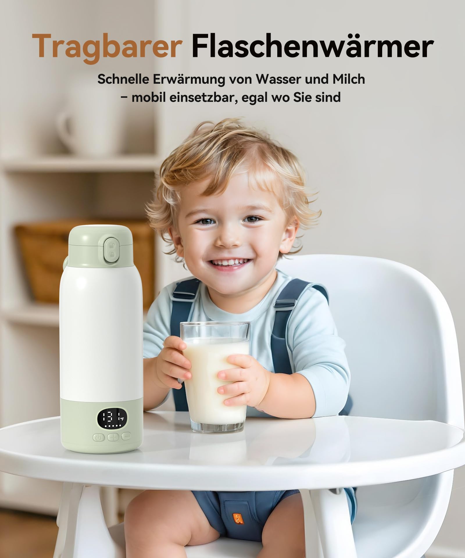 Flaschenwärmer Baby unterwegs Kabellos, Schneller Erwärmer 500 ml | Präzise Temperaturregelung, 316 Edelstahl, 14800mAh Akku, USB-C, Trockengehschutz, Auslaufsicher, unterwegs & Auto