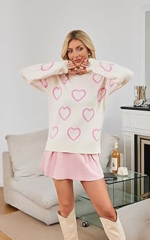 ECOWISH Women Valentine Heart Sweater V Neck Embroidery Knit Loose