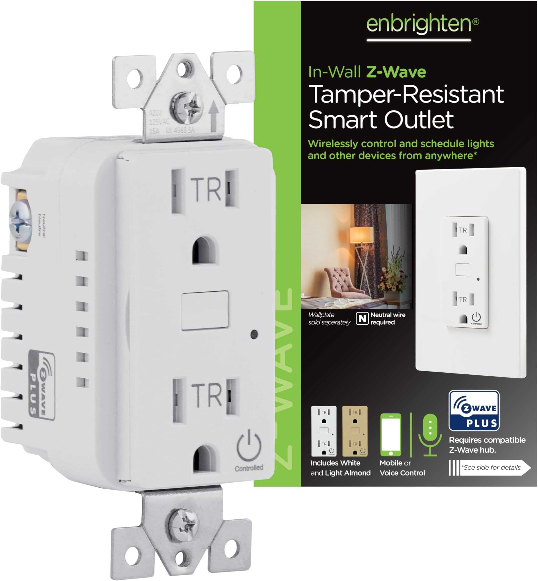 Enbrighten Z-Wave Plus in-Wall Smart Tamper-Reistant Outlet, Works with Alexa, Google Assistant, 1 Z-Wave Outlet & 1 Always on Outlet, Hub Required, White, Smart Outlet, Lamps, Small Appliances, 14315