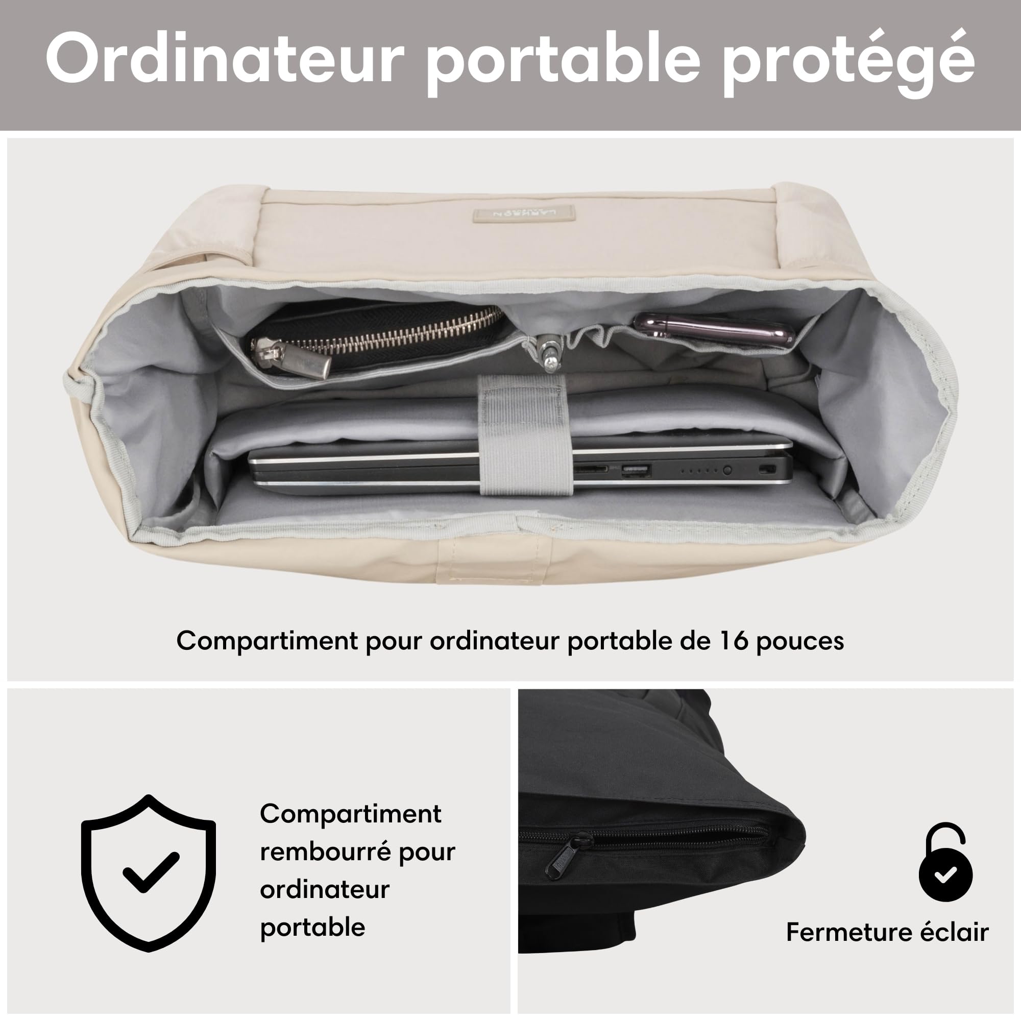 Larkson Sac à Dos Roll Top Femmes & Hommes Beige - No 2 - Backpack pour l'École, l'Université - Compartiment Ordinateur Portable 16 Pouces - Hydrofuge