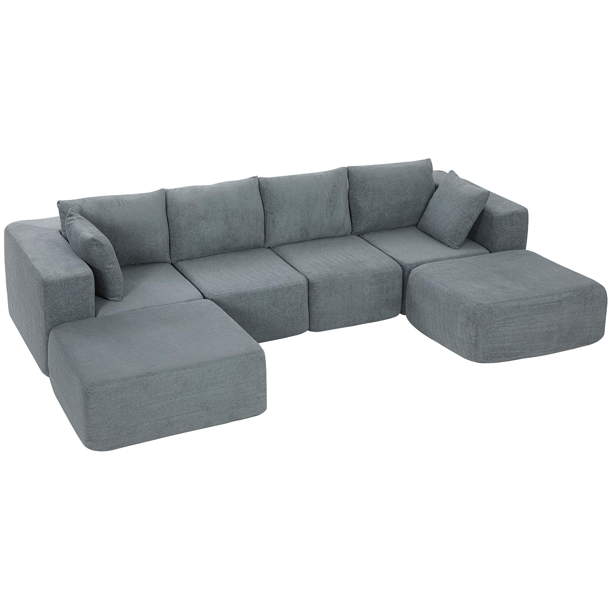 HOMCOM Divano Angolare Modulare 4 Posti Senza Struttura, Seduta Ampia Profonda, Divano Componibile a U con 2 Pouf, Braccioli Larghi e Cuscini, in Velluto per Soggiorno, 294x165x70 cm, Grigio Scuro