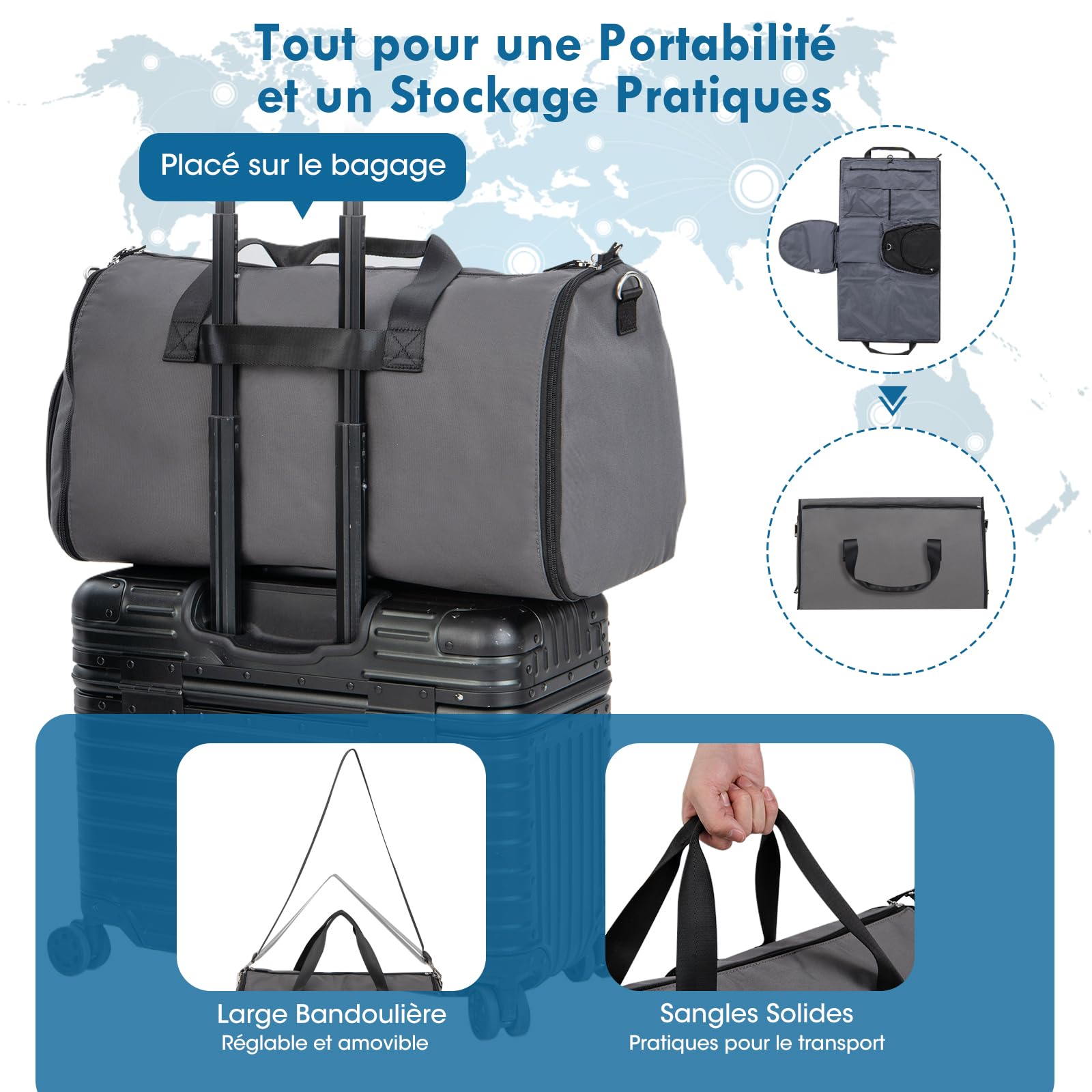 GOPLUS Sac à Vêtements, Sac Polochon 2-en-1 avec Poche à Chaussures, Poche à Cravates, Poche à Passeport et Sangle Amovible, Valise Suspendue de 50L pour Voyages d'affaires et de Loisirs (Gris)