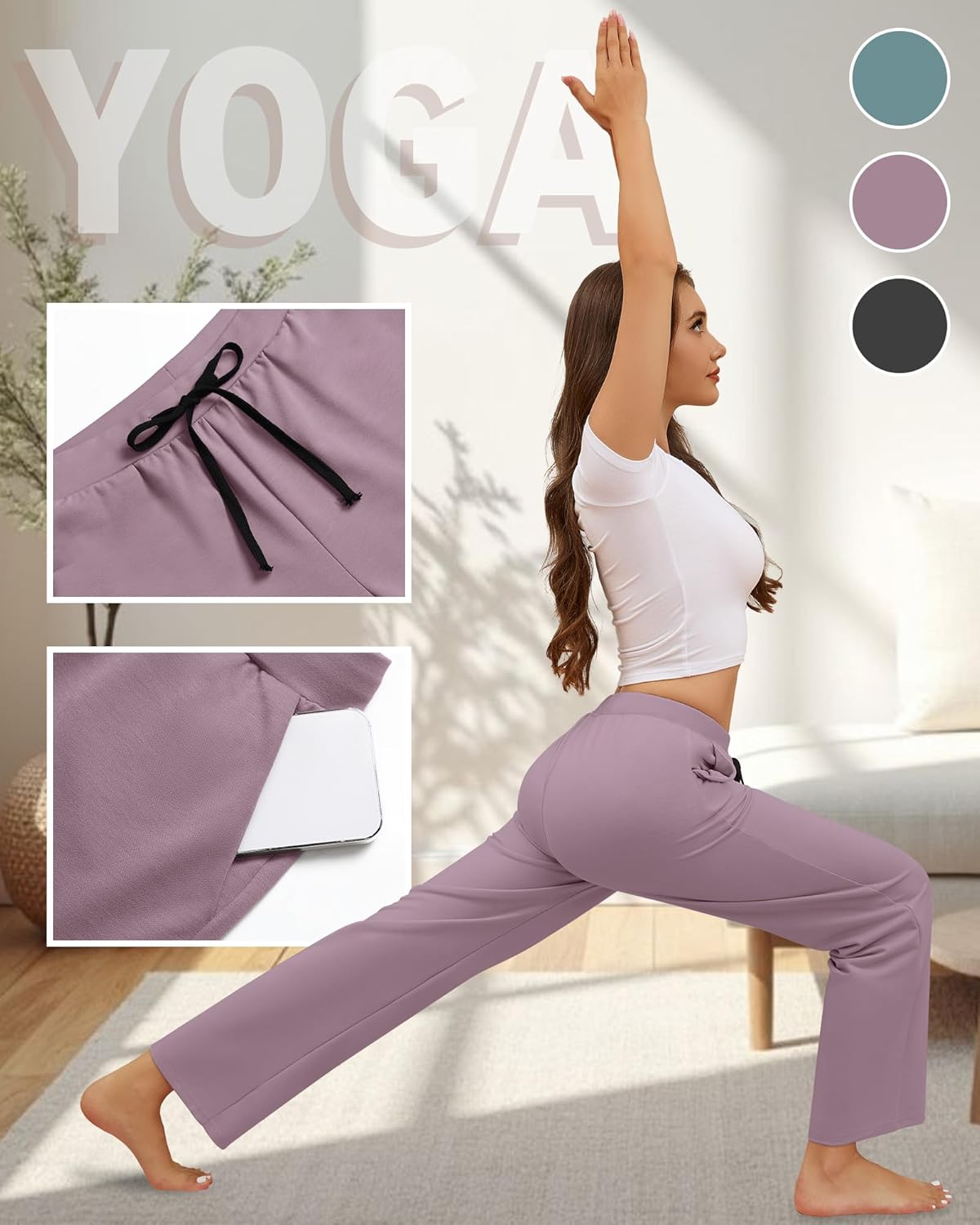 Neer 3 Pack Women's Yoga Sweatpants Wide Leg Drawstring Baggy Pants Casual Loose Workout Open Bottom Lounge Pants - Image 4