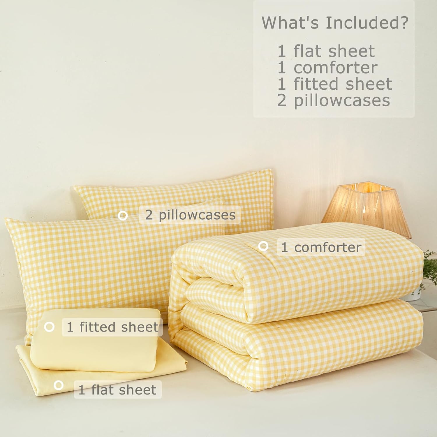 RYNGHIPY Full Size Checkered Comforter Set Classic Yellow White Gingham Grid Bedding Sets 5 Pcs Pre-Washed Microfiber Bed Sets with Sheets Shabby Cottage Bed in a Bag (Yellow Gingham, Full)