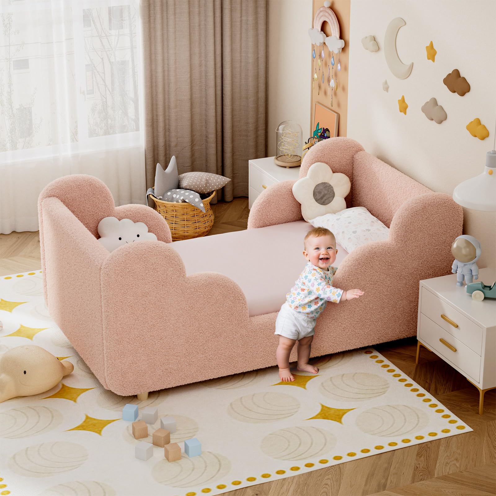 Toddler Bed, 140x70cm Soft Padded Kids Bed with Cloud-Shaped Safety Guardrails, Low Bed Frame for Girls Boys Children, Cot to Bed Transition (Mattress NOT Included) — view 8