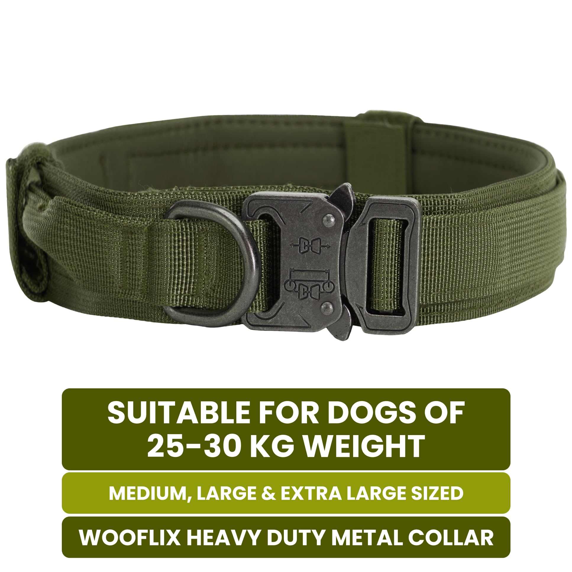 Wooflix Metal Dog Collar for Training and Walks | Nylon Collar with Tactical Metal Buckle and D-Ring for Medium and Large Dogs | Dog Collar for Heavy Breed Dogs (Army Green, Medium) 1