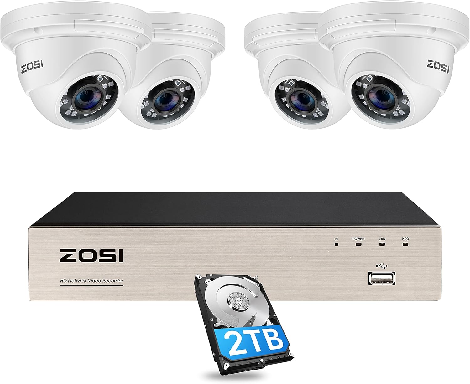 ZOSI 5MP PoE CCTV Security Camera Systems, 8CH H.265+ NVR with 2TB Hard Drive, 4pcs 5MP 2k+ Outdoor PoE IP Dome Cameras,120ft Night Vision, Motion Dection, Remote Access