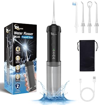 JNGOODS Mini Portable Water Flosser Oral Irrigator Water Teeth Cleaner Pick, Telescopic Water Tank, 4 Modes & IPX7 Waterproof, Home & Travel Water Flossers for Teeth, Braces Bridges Care. Black