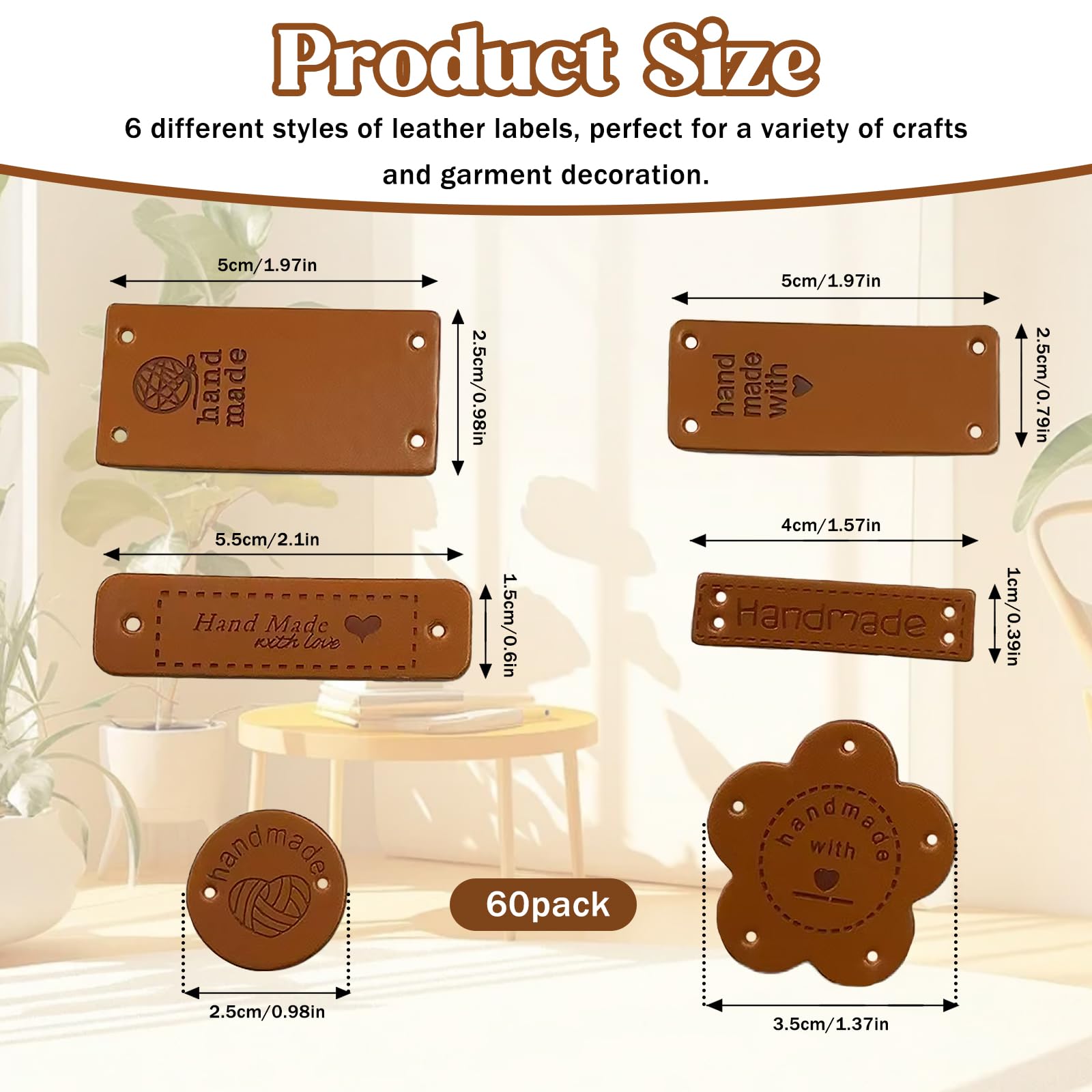 Pcmursal 60Pcs Handmade Leather Tags for Crochet Items, Handmade with Love Tags Faux Leather Labels