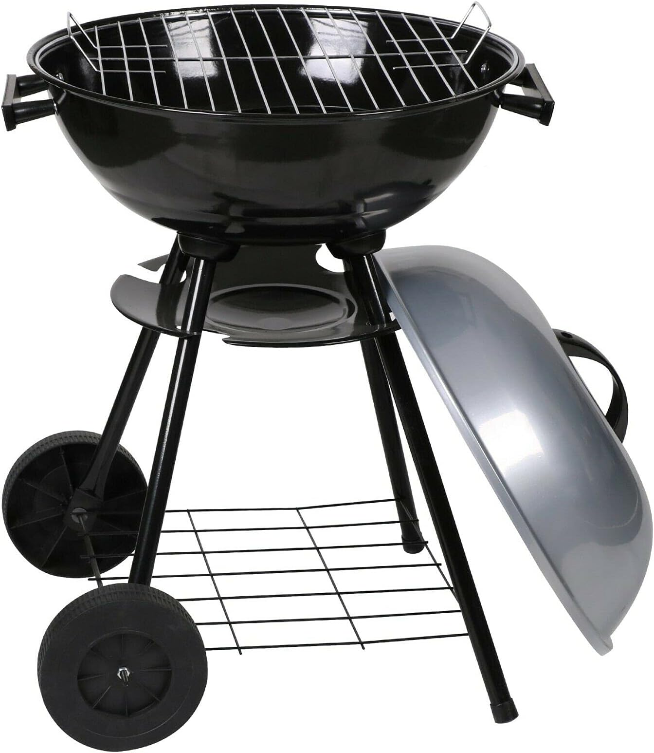 Freestanding Portable Kettle BBQ, 41cm Grill Barbecue, Black | Alloy Steel 72cm Charcoal BBQ with Wheels & Air Vent | Barbecue Grill for Outdoor Cooking & Smoking | Camping BBQ with Ash Catcher