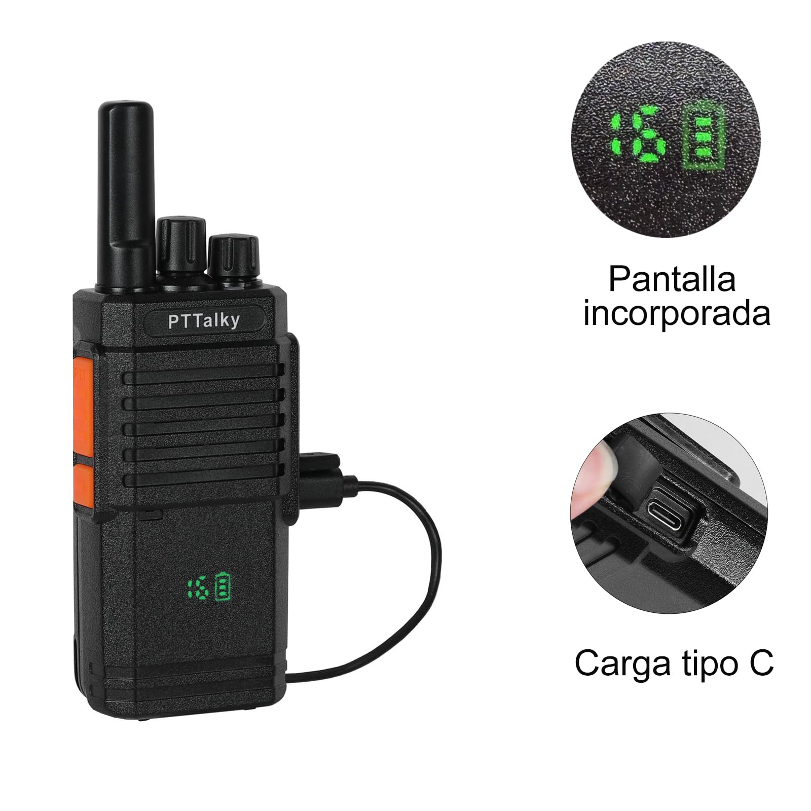 Walkie Talkie PTTalky PR2 Plus PMR446 sin Licencia Larga Distancia 4Pizaes | 16 Canales Walkie-Talkie de Larga Distancia con Pantalla,Soporta VOX, para Senderismo, Camping,Industria, Lagerhaus