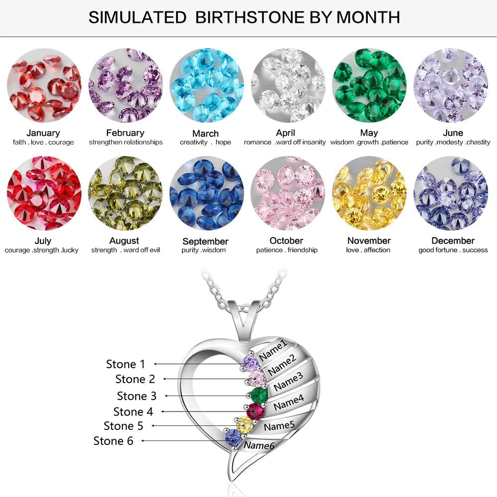 Personalized Hearts Necklace with 2-6 Simulated Birthstones for Women Customized Mothers Names Necklace for Mother's Day Relationship Necklace for Mom