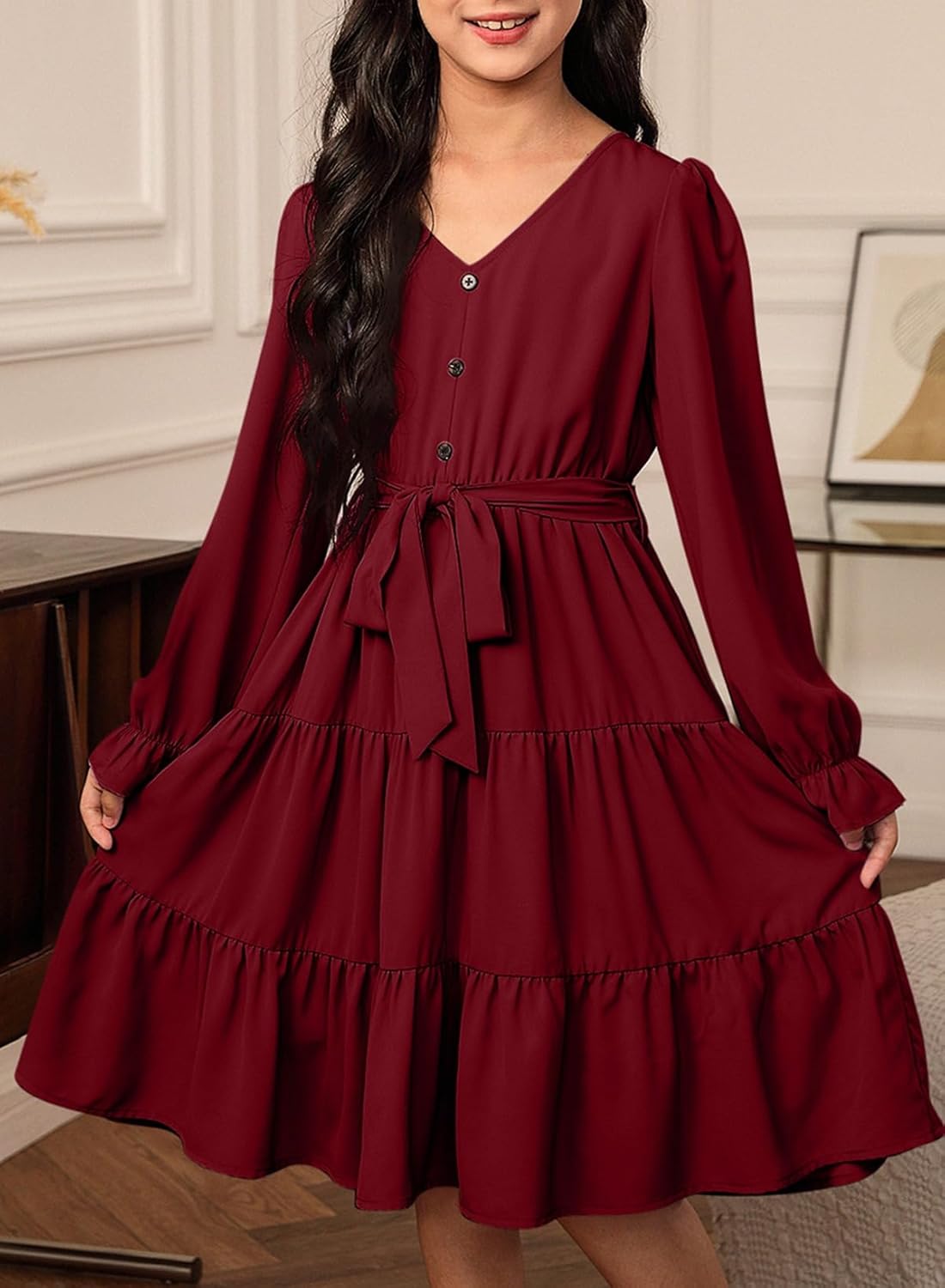 blibean Girls Long Sleeve Fall Dresses Tween Casual Ruffled Swing Formal Dressses Belt Size 6-15 Years - Image 2