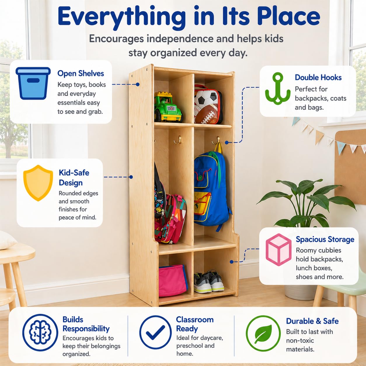 Contender 2-Section Coat Locker with Bench & Cubby Storage, Backpack Hook, Shoe Bench Entryway with Storage for Preschool, Classroom, Home [ Fully Assembled ]