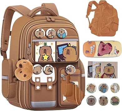Capybara Cartoon Backpack Large Capacity Waterproof Kawaii Backpack with Pins and Accessories 12 Piece Set Gift for fans Brown-A